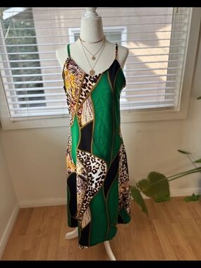 Green Patterned Slip Dress with Animal Print Accents